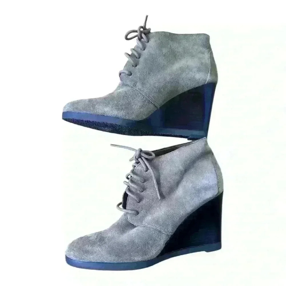 Franco Sarto Weston Taupe Brown Tan Suede Leather Lace Up Wedge Ankle Booties, 6 - Picture 8 of 10